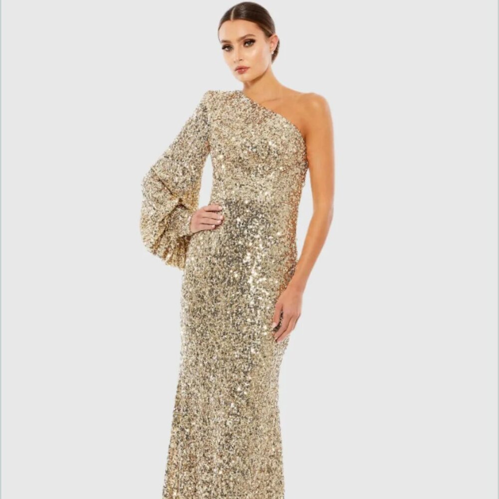 Mac Duggal Gold Sequined One Shoulder Bishop Sleeve Trumpet Gown Size 4